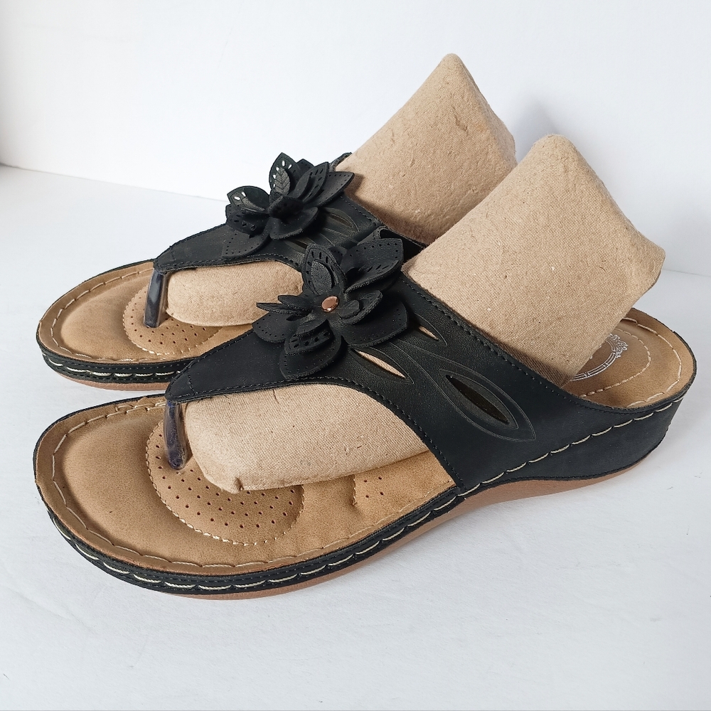 🖤 Atalina Sandals Floral Black Flip Flops Womens 36 6 Wedge Flower Thongs